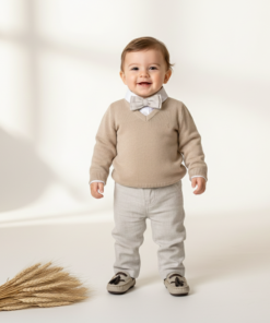 Conjunto Rafael Batizado Casamento infantil menino Body Calça de Linho Pulôver e Gravata bege