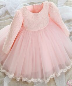 Vestido Princesa Elegante Manga Longa Infantil Bebê Rosa Festa