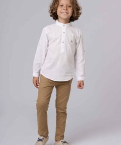 Conjunto Formatura Infantil Menino Camisa Bata Branca Calça Sarja Skinny Caqui Premium