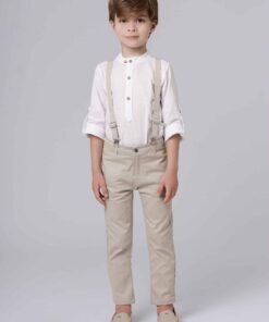Conjunto Formatura Infantil Menino Camisa Bata Calça Sarja Skinny Marfim e Suspensório Bege Premium