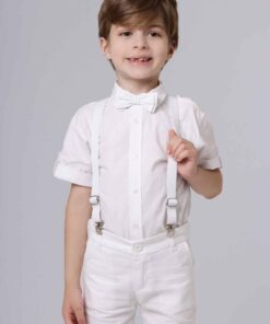 Conjunto Formatura Infantil Menino Camisa Manga Curta Calça Sarja Skinny Suspensório e Gravata Branco Premium