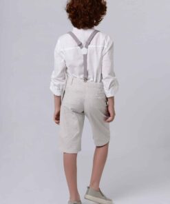 Alternative view of Conjunto Formatura Infantil Menino Camisa Manga Longa Bermuda em Linho Bege Suspensório Cinza e Gravata Bege