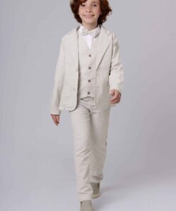 Conjunto Formatura Infantil Menino Camisa Manga Longa Calça Blazer Colete e Gravata Borboleta em Linho Bege