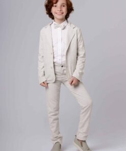 Conjunto Formatura Infantil Menino Camisa Manga Longa Calça Blazer e Gravata Borboleta em Linho Bege