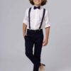 Conjunto Formatura Infantil Menino Camisa Manga Longa Calça em Sarja Skinny Suspensório e Gravata Azul Marinho