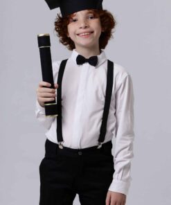 Conjunto Formatura Infantil Menino Camisa Manga Longa Calça em Sarja Skinny Suspensório e Gravata Preto