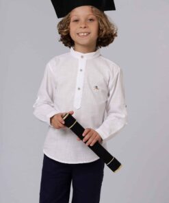 Conjunto Formatura Infantil Menino com Camisa Bata Manga Longa Branca e Bermuda Azul Marinho