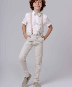 Conjunto Formatura Infantil Menino com Camisa Manga Curta Calça Suspensório Bege e Gravata Borboleta Dupla