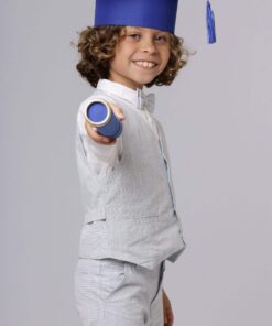 Conjunto Formatura Tulio Infantil Menino com Camisa Manga Longa Bermuda Colete e Gravata Azul bebê em Tecido Flamê