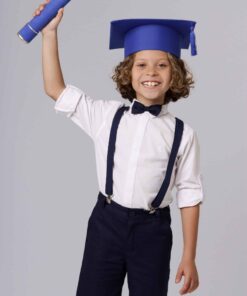 Conjunto Formatura Infantil Menino com Camisa Manga Longa Bermuda Suspensório e Gravata Borboleta Azul Marinho