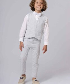 Conjunto Formatura Infantil Menino com Camisa Manga Longa Calça Colete e Gravata Azul bebê em Tecido Flamê
