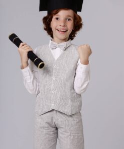 Conjunto Formatura Infantil Menino com Camisa Manga Longa Calça Colete e Gravata Cinza em Tecido Flamê Premium