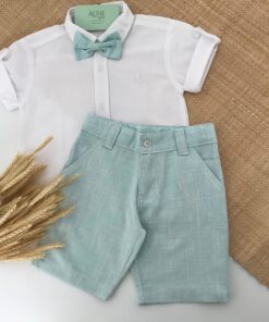 Conjunto Infantil Menino Verão Camisa Manga Curta e Bermuda Tecido Flamê Textura Linho e Gravata Borboleta Verde Bebê Festas Batizado Casamento