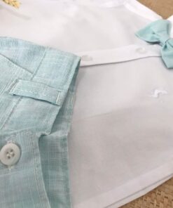 Alternative view of Conjunto Infantil Menino Verão Camisa Manga Curta e Bermuda Tecido Flamê Textura Linho e Gravata Borboleta Verde Bebê Festas Batizado Casamento