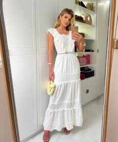 Vestido Brenda Longo Branco em Laise Decote V Elegante Mães Madrinhas Batizado Noivado Premium Luxo