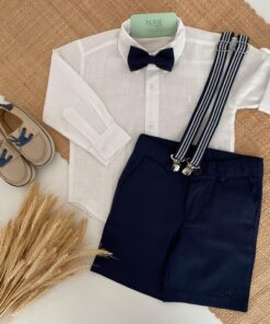 Conjunto Casamento Infantil Menino com Camisa Manga Longa Bermuda Suspensório e Gravata Borboleta Azul Marinho Listras