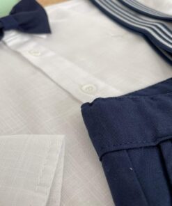 Alternative view of Conjunto Casamento Infantil Menino com Camisa Manga Longa Bermuda Suspensório e Gravata Borboleta Azul Marinho Listras
