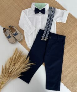 Conjunto Infantil Casamento Menino Body Manga Longa Calça em Sarja Skinny Azul Marinho Suspensório e Gravata Azul Marinho de Listras
