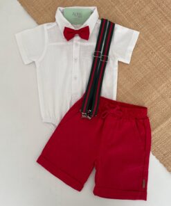 Conjunto Infantil Menino Body em Cambraia Branco Bermuda Linho Vermelho Suspensório Listras e Gravata Borboleta Natal Luxo Festas