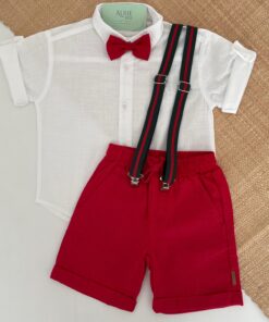 Conjunto Infantil Menino Camisa em Cambraia Branco Bermuda Linho Vermelho Suspensório Listras e Gravata Borboleta Natal Luxo Festas