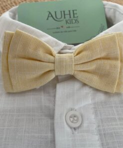 Gravata Borboleta Dupla em Tecido Flamê Textura Linho Amarelo Infantil Masculina Batizado Casamento Festas