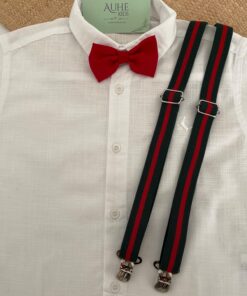 Kit Suspensório Listras Verde e Vermelho Gravata Borboleta Infantil Vermelho