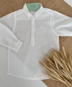 Camisa Bata Cambraia Branca Manga Longa com Gola Padre Infantil Menino