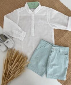 Conjunto Infantil Batizado Casamento Verão menino com Bata Gola Padre e Bermuda em Tecido Flamê Textura Linho Verde Bebê