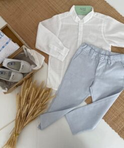 Conjunto Infantil Menino Bata Manga Longa e Calça em Algodão Azul Bebê