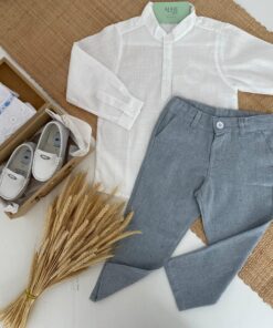 Conjunto Infantil Menino Bata Manga Longa e Calça em Linho Azul Bebê