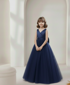 Vestido Infantil Julia Longo Azul Marinho em Cetim e Tule Princesa Infantil Elegante Menina Festa Aniversário Formatura Premium Luxo