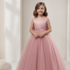 Vestido Infantil Julia Longo Rosé em Cetim e Tule de Princesa Infantil Elegante Menina Festa Aniversário Formatura Premium Luxo