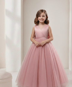 Vestido Infantil Julia Longo Rosé em Cetim e Tule de Princesa Infantil Elegante Menina Festa Aniversário Formatura Premium Luxo