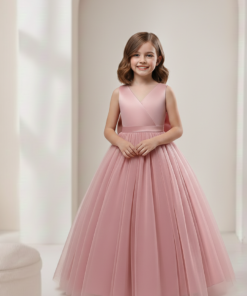 Vestido Infantil Julia Longo Ros&eacute; em Cetim e Tule de Princesa Infantil Elegante Menina Festa Anivers&aacute;rio Formatura Premium Luxo