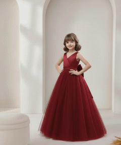 Vestido Infantil Julia Longo Vinho em Cetim e Tule de Princesa Infantil Elegante Menina Festa Aniversário Formatura Premium Luxo