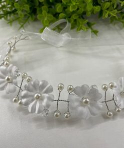 Arranjo Infantil Faixa de Cabelo com Flores e Pérolas Branco Grinalda Penteado Daminha Batizado