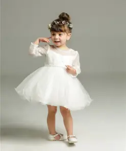 Vestido Infantil de Batizado Bella em Manga Longa com Tule Bordado Menina Bebê Daminha Casamento Branco Premium Luxo