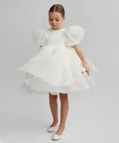 Vestido Infantil Maya Branco em Organza Elegante de Princesa com Manga Puff Festa Daminha Menina Batizado Premium Luxo