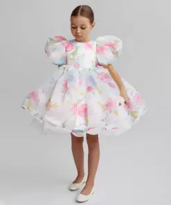 Vestido Infantil Maya Branco em Organza Floral Elegante de Princesa com Manga Puff Festa Daminha Menina Premium Luxo