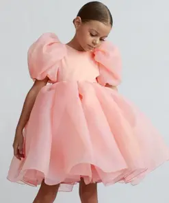 Vestido Infantil Maya Rosa em Organza de Princesa com Manga Puff Festa Daminha Menina Premium Luxo