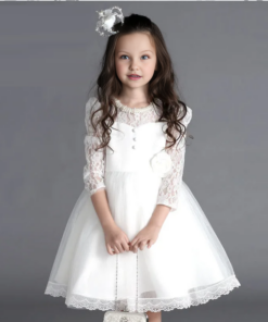 Alternative view of Vestido Infantil Olívia Branco Manga Longa em Renda e Tule Elegante de Princesa Festa Daminha Menina Batizado Premium Luxo