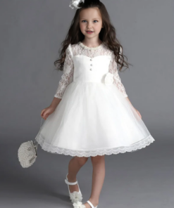 Vestido Infantil Olívia Branco Manga Longa em Renda e Tule Elegante de Princesa Festa Daminha Menina Batizado Premium Luxo