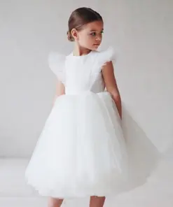 Vestido Infantil Pérola Branco em Tule Elegante Festa Daminha Tutu Fofo Menina Batizado Premium Luxo