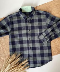 Camisa Infantil Menino Masculina Xadrez Verde com Riscas Azul Marinho em Manga Longa