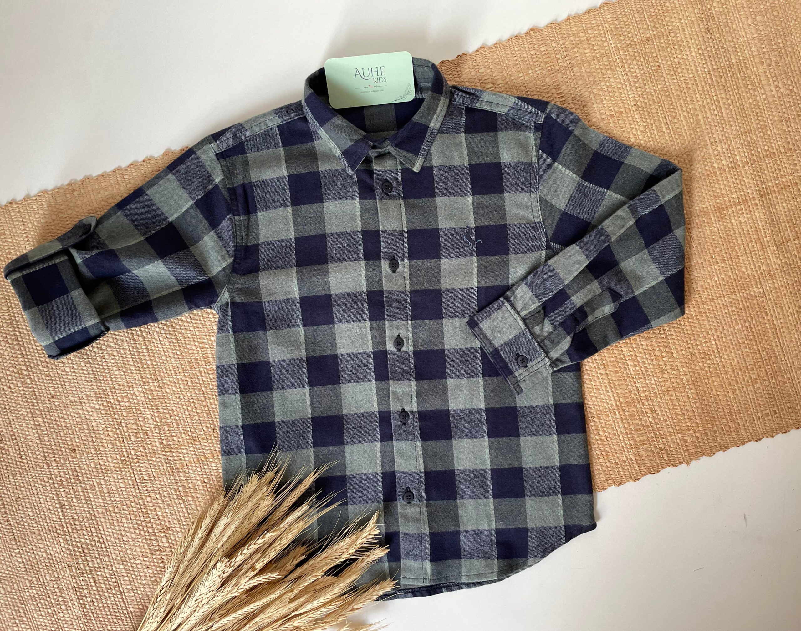 Camisa Infantil Menino Masculina Xadrez Verde com Riscas Azul Marinho em Manga Longa