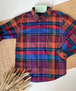 Camisa Infantil Menino Masculina Xadrez Vermelha com Riscas Azul em Manga Longa