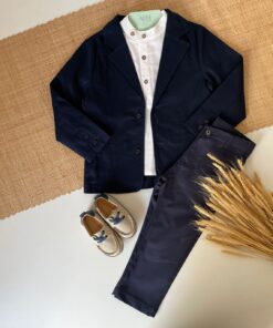 Conjunto Infantil Menino Camisa Bata em Cambraia Blazer Calça em Sarja Azul Marinho Batizado Casamento