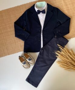Conjunto Infantil Menino Camisa Tricoline Blazer Calça em Sarja e Gravata Borboleta Azul Marinho Batizado Casamento