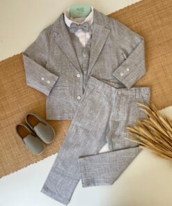 Conjunto João Lucas Infantil Menino Camisa Tricoline Blazer Colete Gravata e Calça em Flamê Cinza Textura de Linho Batizado Casamento