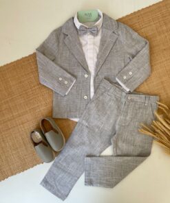 Conjunto Infantil Menino Camisa Tricoline Blazer Calça e Gravata em Flamê Cinza Textura de Linho Batizado Casamento